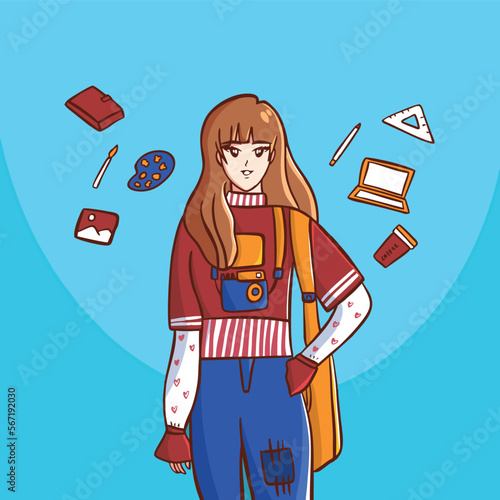 the girl graphic designer illustrator with book art, camera, computer