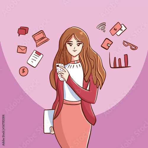 the business woman with a handphone and worktask illustration