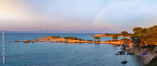 Aegean sea coast landscape, sunset view from Karidi beach (Chalkidiki, Greece).