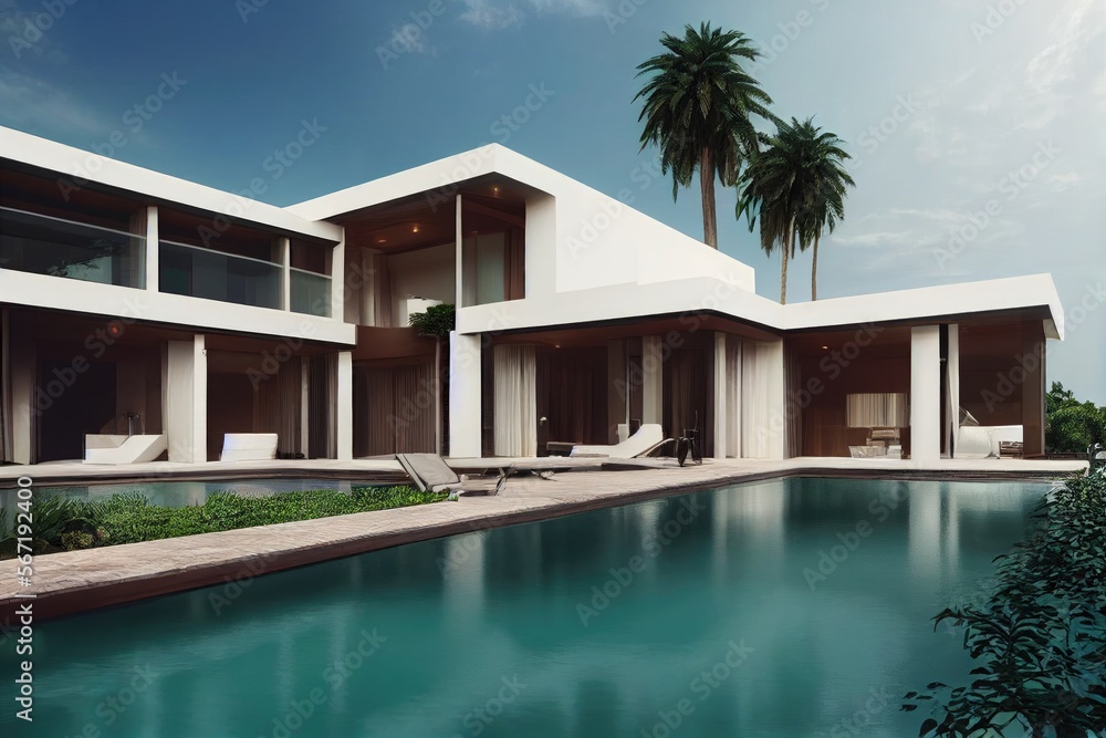Luxury pool villa spectacular contemporary design digital art real estate , home, house and property, Generative AI illustration.