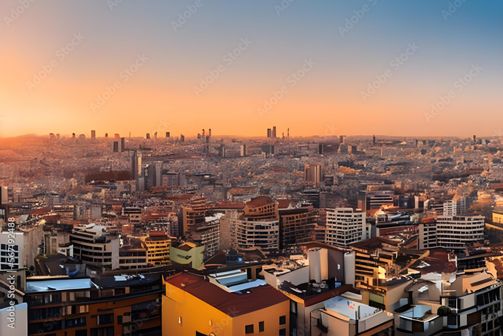 A panoramic cityscape view during the golden hour, style: natural colors