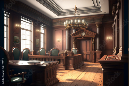 Courtroom  high ceilings and pillars in court  empty chairs and paperwork on tables  generative ai 