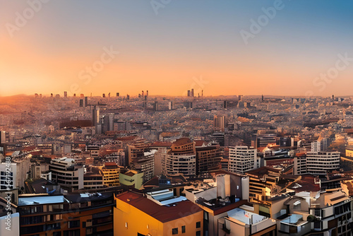 A panoramic cityscape view during the golden hour  style  natural colors