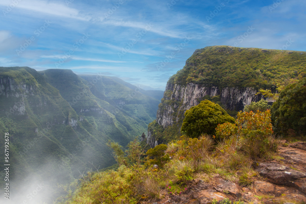 Panoramic view of a scenic canyon. Fortaleza Canyon, Rio Grande do Sul, Brazil.	