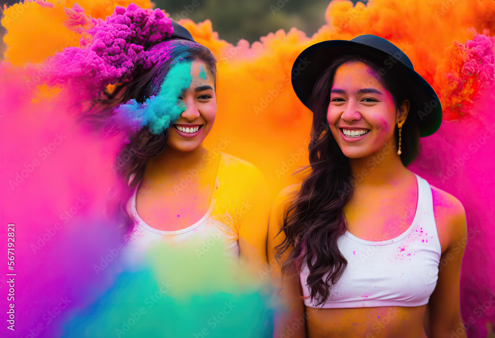 Indian young women playing with color at Holi festival.