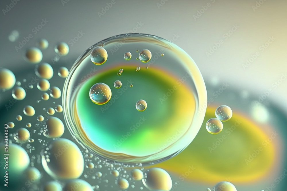 Colorful artistic of oil drops floating in the water. Pastel color bubble for background. Abstract oil bubbles background. Macro shot. Oil bubbles close up. Water bubbles. Bright and unique oil drops.