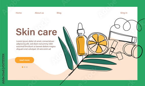 Skin care concept. Landing page template. Morning routine. Bath time. Organic products for scrubbing and body skin care with natural herbal skin care products, top view. Vector illustration