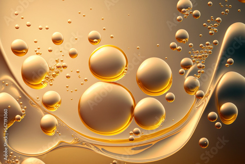 Oil serum and collagen drops, abstract illustration, top view. Aromatherapy oil. Cosmetic skincare anti-age fluid. Macro shot. Oil bubbles close up. Water bubbles. Bright and unique oil drops. 