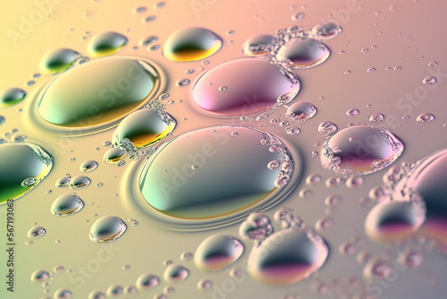 Colorful artistic of oil drops floating in the water. Pastel color bubble for background. Abstract oil bubbles background. Macro shot. Oil bubbles close up. Water bubbles. Bright and unique oil drops.