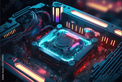 Abstract Electronic modern motherboard Gaming PC with RGB LED lights. High-performance, Technology cyberpunk coolers, ,Generative ai 