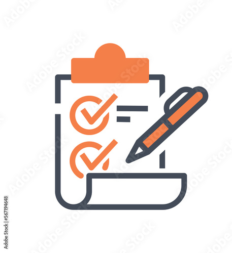 Planning orange icon. Pen with piece of paper, employee notes goals achieved. Motivation and leadership. Ambition and selfdevelopment concept. Cartoon flat vector illustration