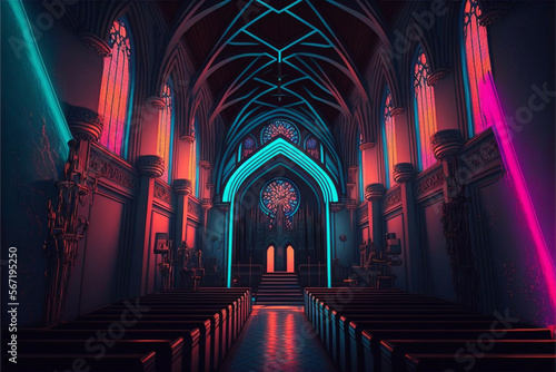 Neon Church Interior  Pews  Altar  Cross  Stained Glass Generative AI