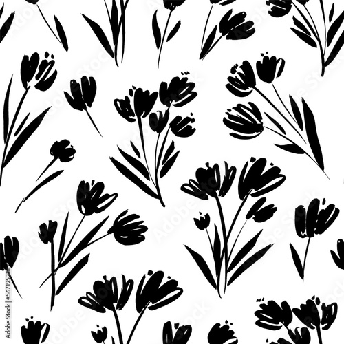 Brush drawn bouquets seamless pattern. Vector abstract floral textile ornament. Modern pattern with small graphic flowers on stems. Sketch and loose style. Monochrome botanical print.