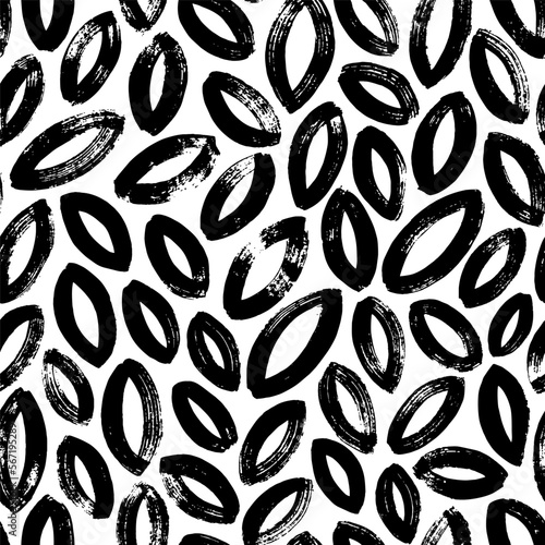 Brush drawn simple leaves seamless pattern. Vector background in nature eco style. Tropical stylized leaves wallpaper, foliage background. Dry brush texture on bold lines. Vector foliage silhouettes.