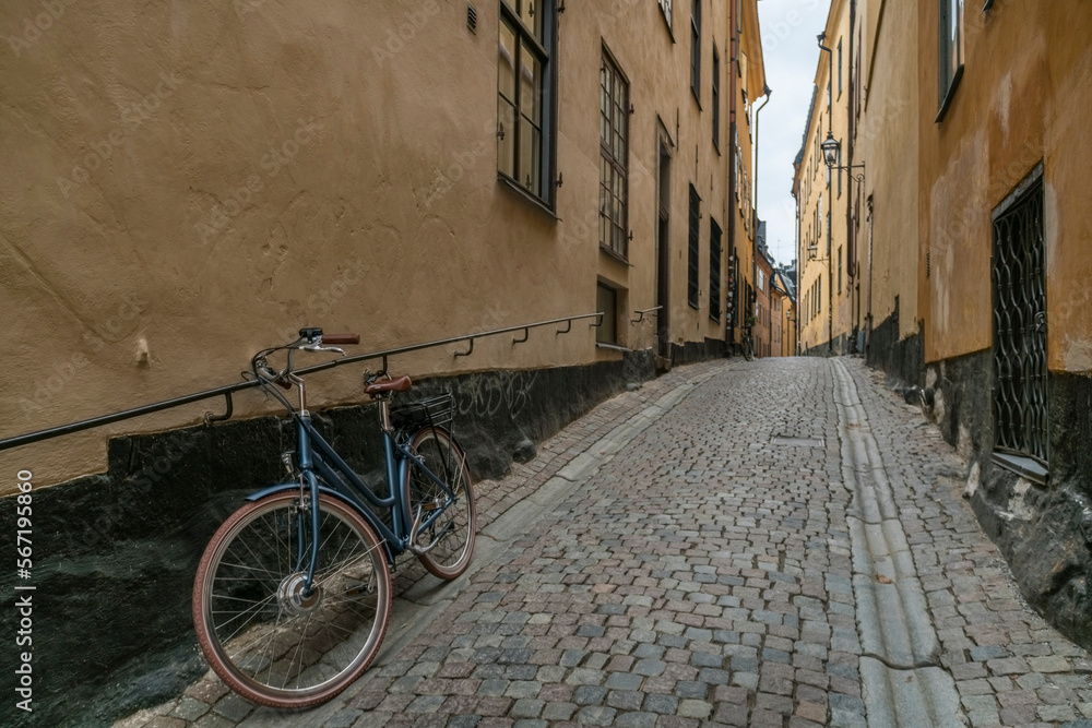Narrow streets at the historic old city Gamlastan of Stockholm