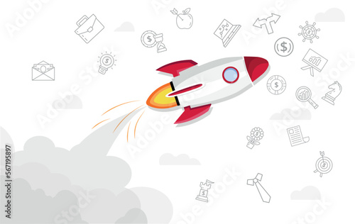 Business rocket concept. Start up or business project. Motivation and leadership. Innovation and brainstorming. Metaphor of career, success and selfdevelopment. Cartoon flat vector illustration