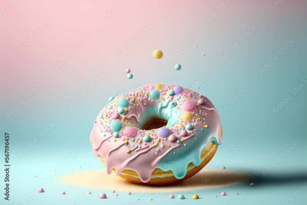 Sweet Pastel glazed donut, delicious dessert, colorful bakery. Generative AI