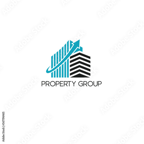 Blue and Black Property Group Logo With Rising Arrow Design. Represents growth, real estate investment, and architecture. Ideal for business branding and marketing designs.