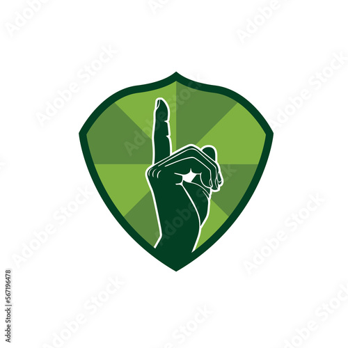 Illustration of a green shield featuring a raised hand with a pointing index finger, symbolizing victory and achievement. The image conveys strength, protection, and an uplifting message.