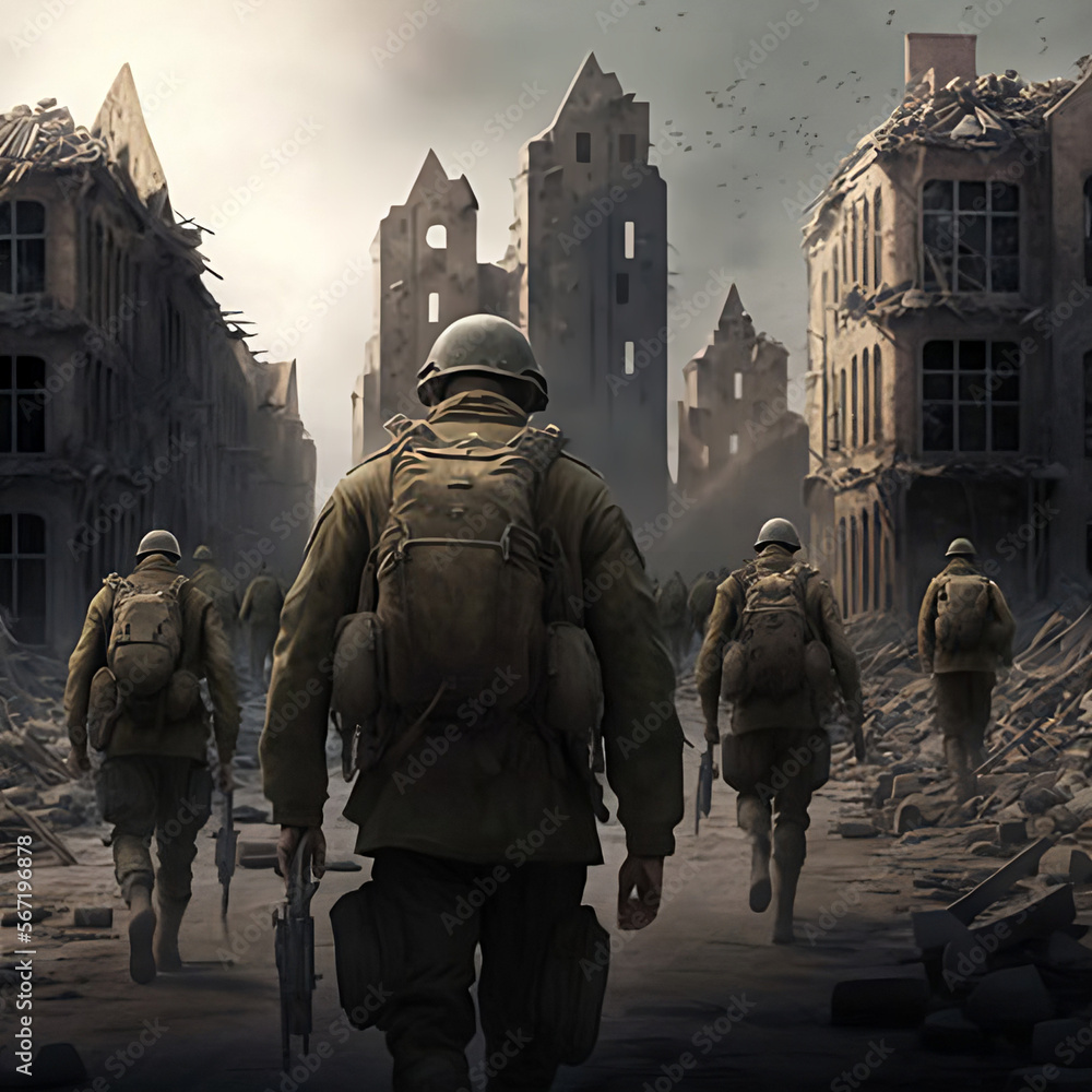 Soldiers Marching through Destroyed Town Soldiers Marching through Destroyed Town