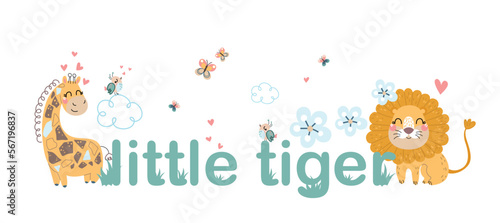 African animals poster. Graphic element for website, giraffe and lion with letters. Design element for greeting postcard. Fauna and wild life, mammal and predator. Cartoon flat vector illustration