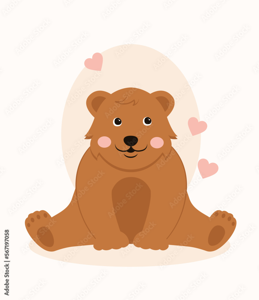 Obraz premium Cute brown bear sitting. Character in love, wild life and fauna. Mammal and predator, animal. Toy or mascot. Poster or banner for website. Cartoon flat vector illustration