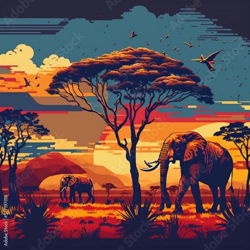 landscape with elephants in africa