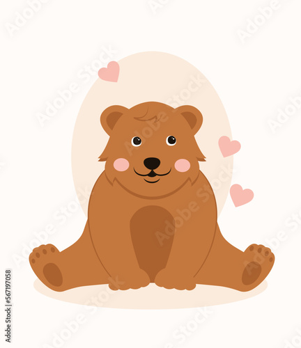 Cute brown bear sitting. Character in love  wild life and fauna. Mammal and predator  animal. Toy or mascot. Poster or banner for website. Cartoon flat vector illustration