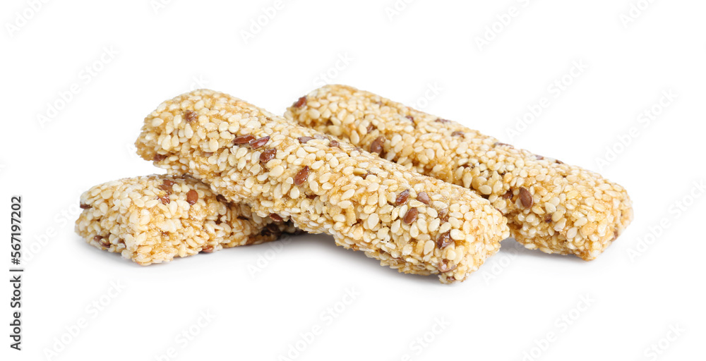 Tasty sesame seed bars isolated on white Tasty sesame seed bars isolated on white