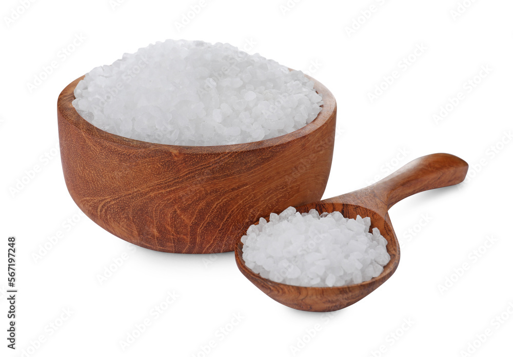 Wooden bowl and spoon with natural sea salt isolated on white Wooden bowl and spoon with natural sea salt isolated on white