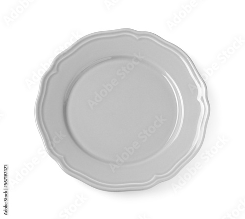 Empty light gray ceramic plate isolated on white, top view