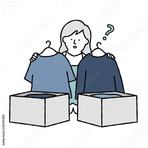 断捨離・洋服を捨てるか考える主婦のイラスト素材　ブルー