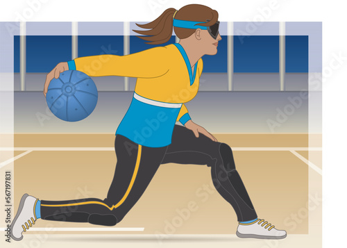 para sports paralympic goalball female athlete, centre throwing ball on court with background
