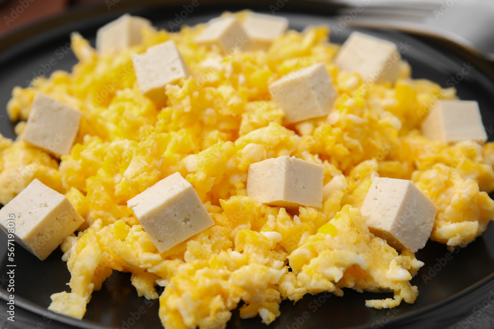 Plate with delicious scrambled eggs and tofu, closeup Plate with delicious scrambled eggs and tofu, closeup