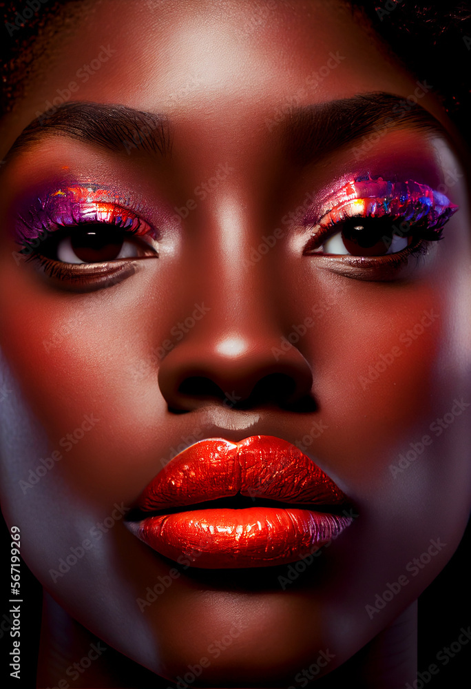 Fototapeta premium A beautiful woman with carnival lipstick. The lipstick is all the colours of the rainbow. She has luscious, big, thick lips and smooth skin. This is a generative ai picture and she is not real. 