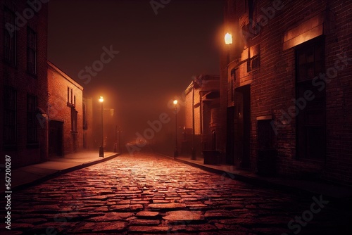 At night in Chicago, a classic cobblestone brick city lane is dark and unsettling. Generative AI