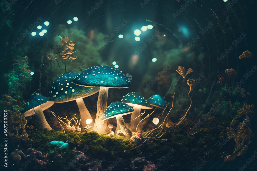 beautiful closeup fantasy magic mushroom in fairy forest
