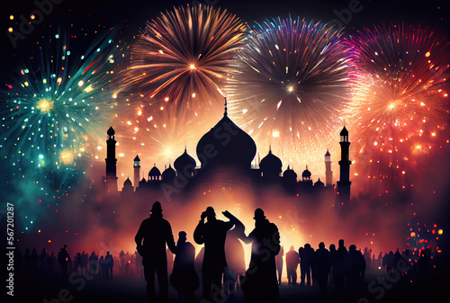 Crowd people in Diwali festival celebration with colorful fireworks on the sky background. Generative AI