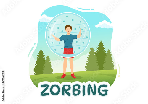Zorbing Illustration with People Playing Bubble Bump on Green Field or Pool for Web Banner or Landing Page in Flat Cartoon Hand Drawn Templates photo