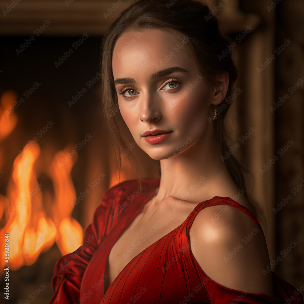 beautiful and elegant woman wearing a red dress in front of a fireplace with a mysterious look Generative Ai beautiful and elegant woman wearing a red dress in front of a fireplace with a mysterious look Generative Ai