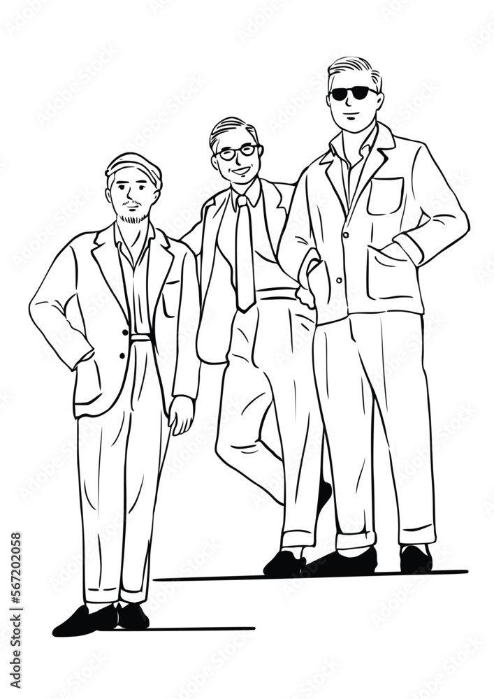 3 men wearing suits walking together hand drawn art illustration 3 men wearing suits walking together hand drawn art illustration