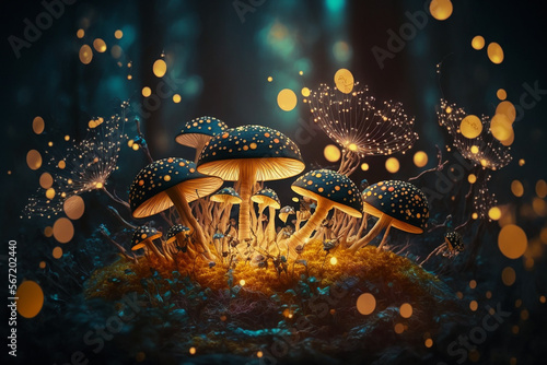 wallpaper graphic design of beautiful closeup fantasy magic mushroom in fairy forest, golden light, fireflies bokeh lighting background.