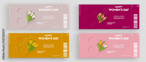 Ticket vector template layout 8 March. International Women's Day Illustration Concept. Great for poster, cover, art, tickets, prints, etc. Place for text