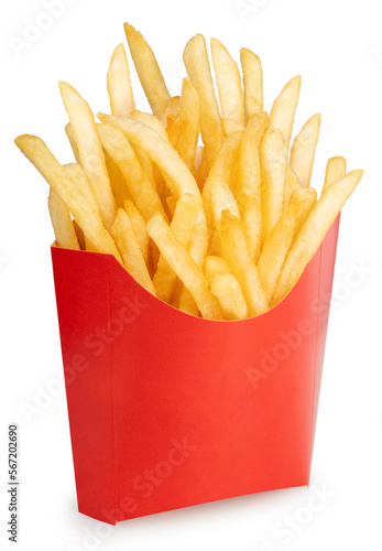 French fries in red paper bucket isolated on white background, French fries on white With clipping path.