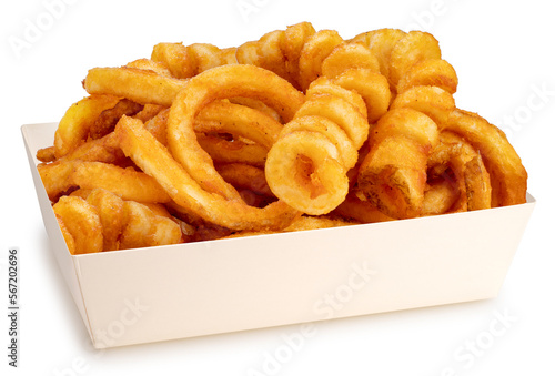 Foto Twister Fries in paper plate isolated on white background, French fries on white With clipping path