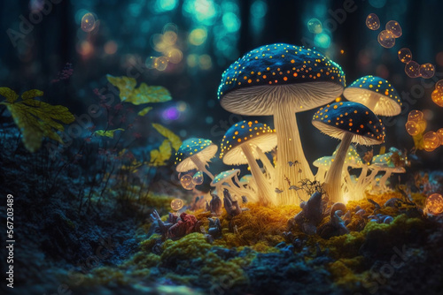 beautiful closeup colorful fantasy magic mushroom in fairy forest, fireflies bokeh lighting background, magic atmosphere.