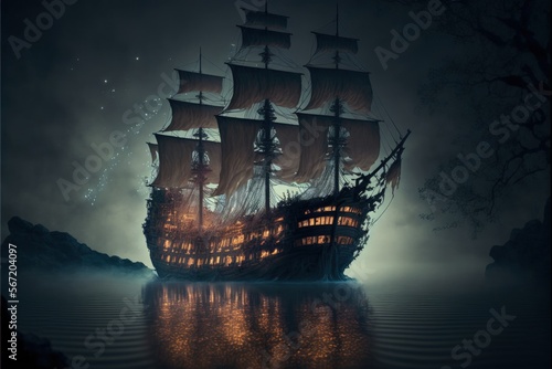 Ghost pirate ship on the high seas, Digital illustration, Generative AI