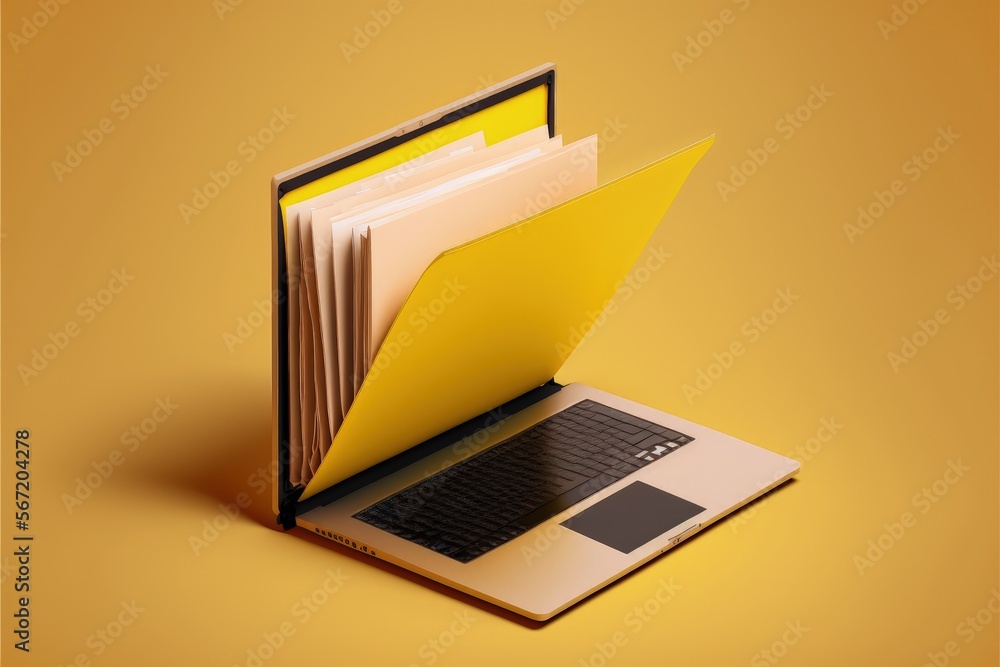 Laptop with file folder on screen, document folder, yellow background, Generative AI Laptop with file folder on screen, document folder, yellow background, Generative AI