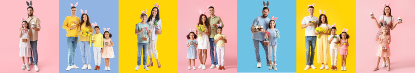Collage of happy families with bunny ears, Easter eggs and cakes on color background