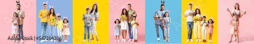 Photography Collage of happy families with bunny ears, Easter eggs and cakes on color backgr